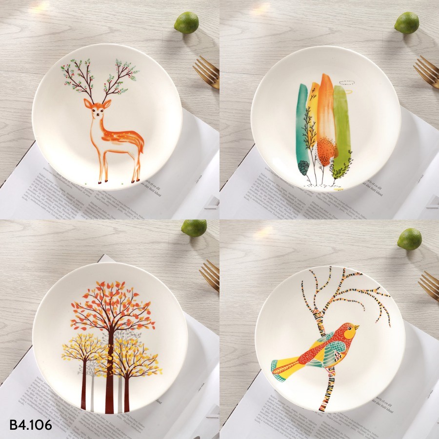 Đĩa sứ - set 4 đĩa sứ xương hình hươu cây phong cách Bắc Âu