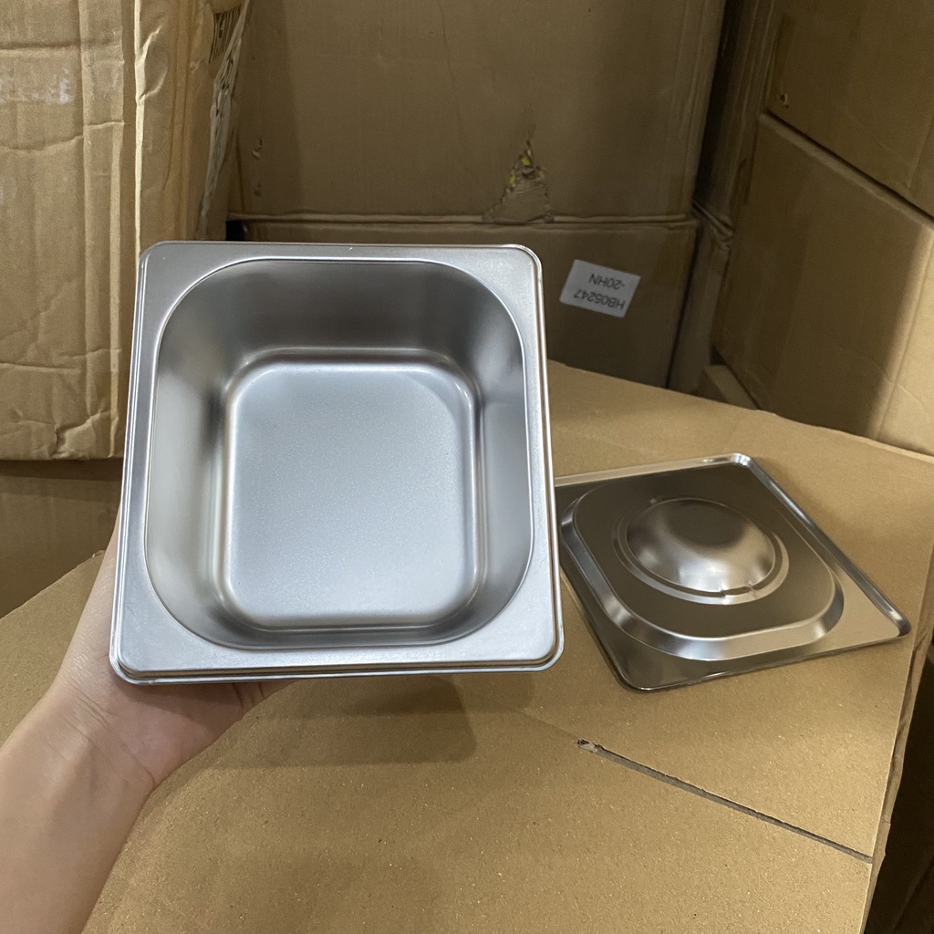 Khay inox đựng topping 1/6, sâu 6.5cm dùng đựng thạch, trân châu, topping cháo, bánh mì