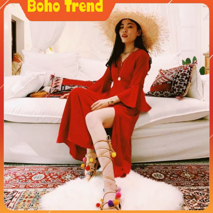 Váy Thổ Cẩm Boho Đỏ Tay Xòe ❤️FREESHIP❤️ Sẵn S M
