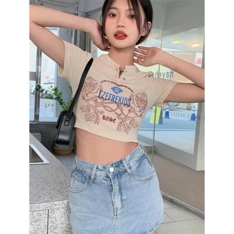 QKOOLE Áo thun nữ  ngắn tay in họa tiết phong cách Hàn Quốc