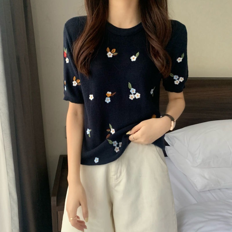 Áo ZHELIHANGFEI dệt kim tay ngắn cổ tròn thêu hoa nhỏ dễ thương thời trang cho nữ