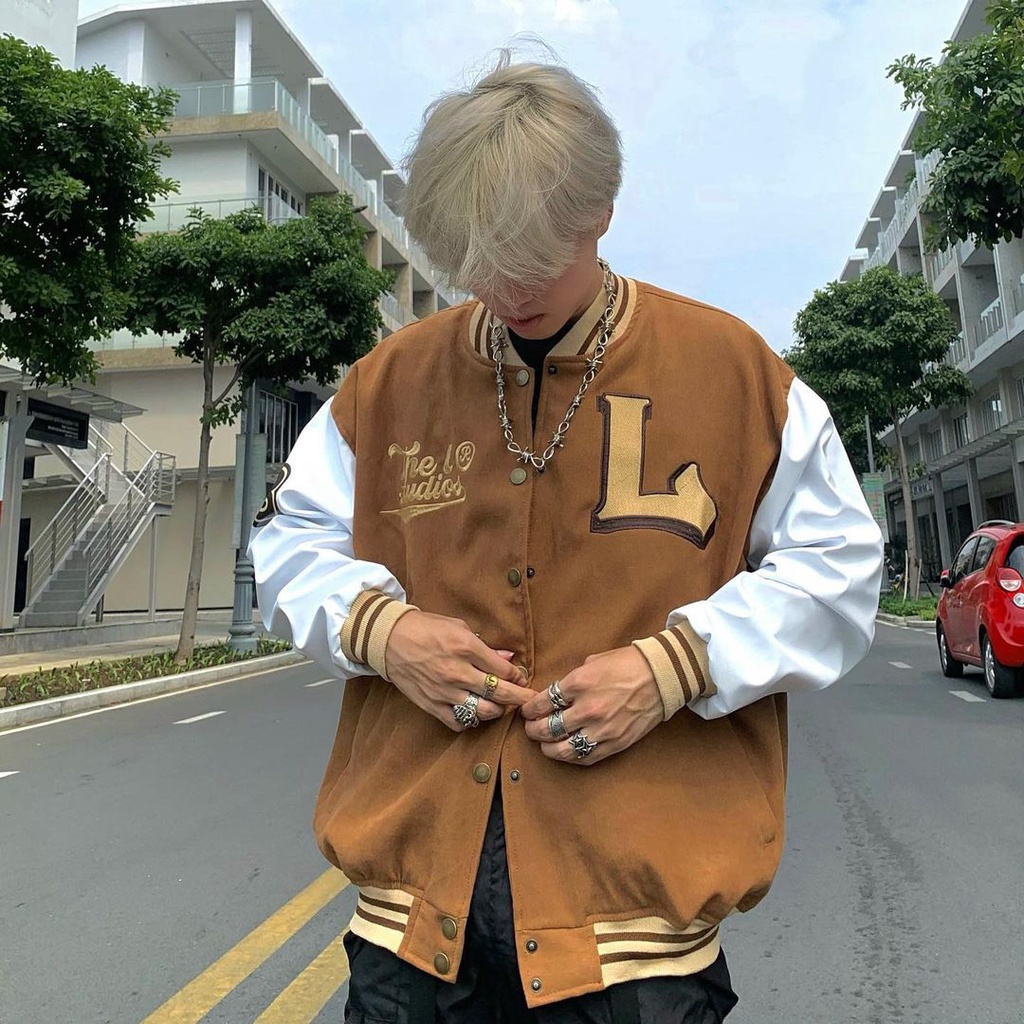 Áo Khoác Bomber Nhung Gân Tăm Thêu L- ANARCHY Jacket Varsity Unisex Form Rộng Ulzzang - La mode