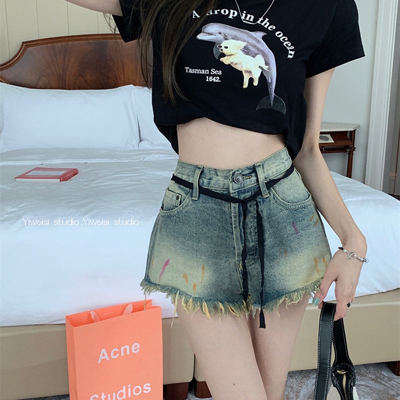 Quần Short Denim Dáng Ôm Phong Cách Retro Thời Trang Mùa Hè Cho Nữ