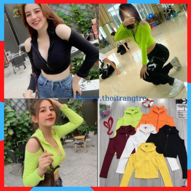 Áo Croptop Thun Gân Hở Vai Tay Dài, Áo Crt Khoét Hở Vai Dài Tay Có Dây Kéo Trước Sexy Ôm Body Đen Trắng Cam Xanh Đỏ Đô ་