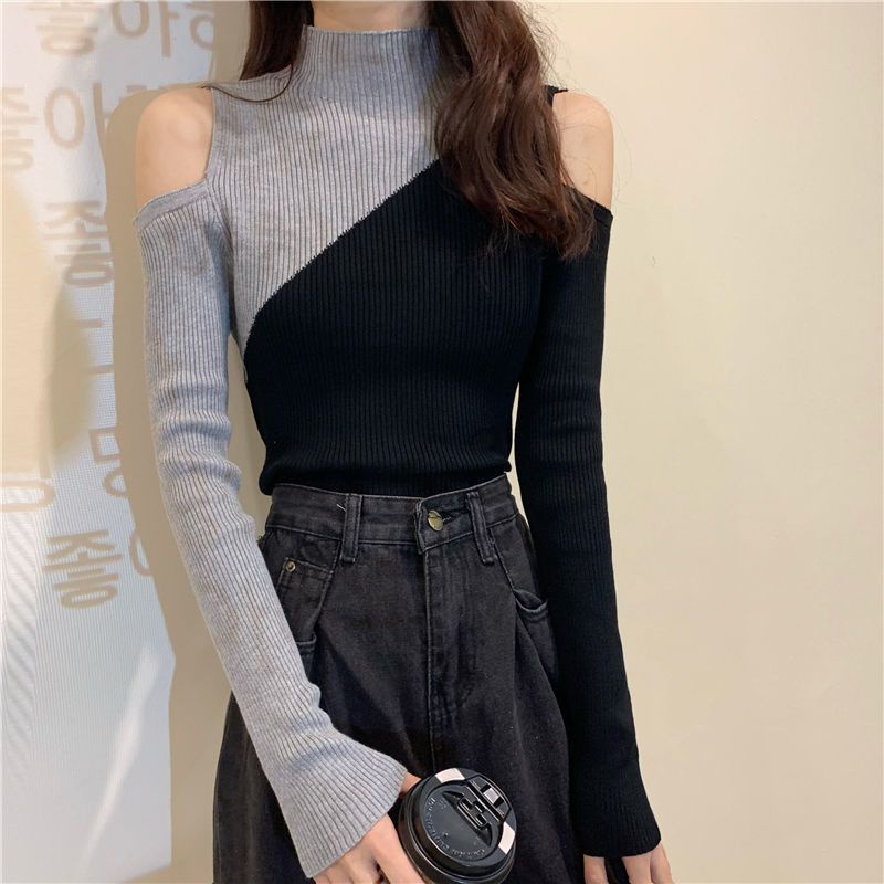 Áo Dệt Kim Tay Dài Cổ Lọ Phối Màu Tương Phản Phong Cách Hàn Quốc Thời Trang Mùa Đông Cho Nữ