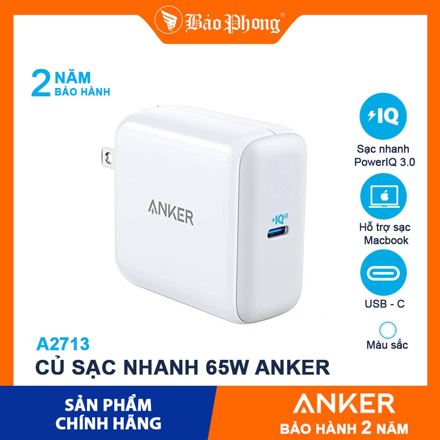 Củ sạc nhanh 65W ANKER A2713 PowerPort III QC 3.0 cổng Type C cho iP 12  Samsung Oppo cốc cóc