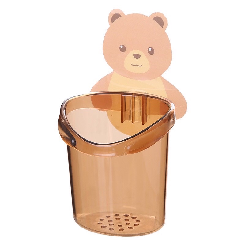 Cốc gấu dán tường để bàn chải, kem đánh răng có lổ thoát nước tiện lợi