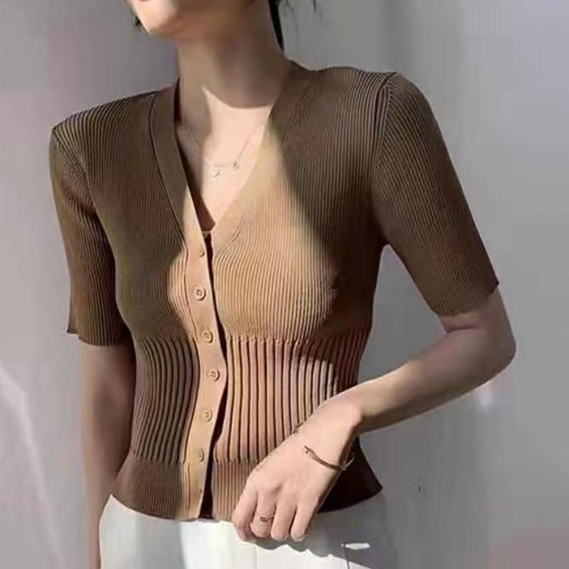 Áo Thun Dệt Kim Tay Ngắn Cổ Chữ V Cài Nút Màu Trơn Phong Cách Pháp Gợi Cảm Cho Nữ