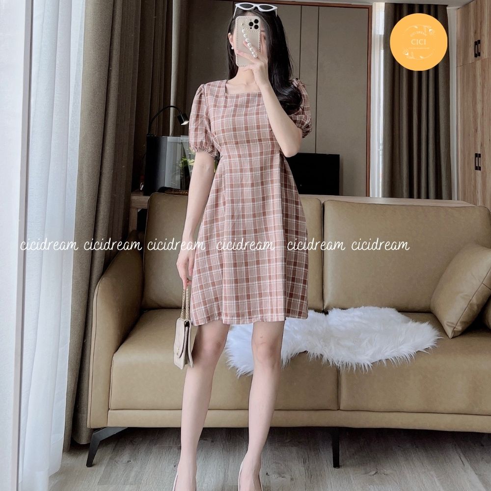 Đầm nữ kẻ công sở cổ , Đầm nữ kẻ sọc nhí midi bo eo tôn dáng cực xinh