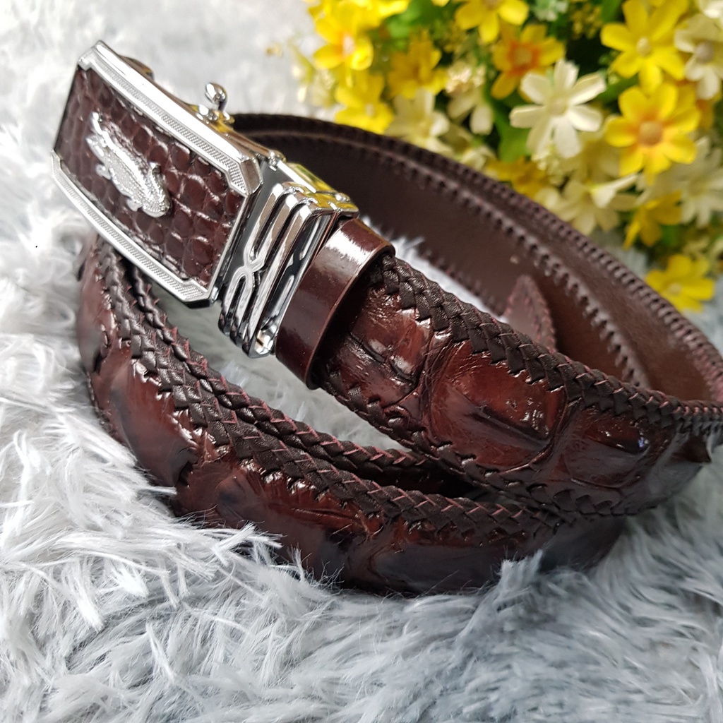 Dây Lưng Da Cá Sấu Đan Viền 3.5 Cm I Dây Lưng Da Cá Sấu Gù Lưng, Liền Nguyên Con Không Nối, Màu Nâu I Bảo Hành 24 Tháng