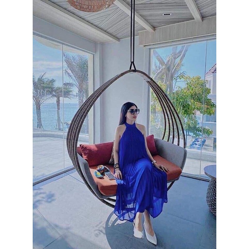 Đầm maxi du lịch hở lưng cột nơ, Đầm xoè xanh dập ly cao cấp | BigBuy360 - bigbuy360.vn