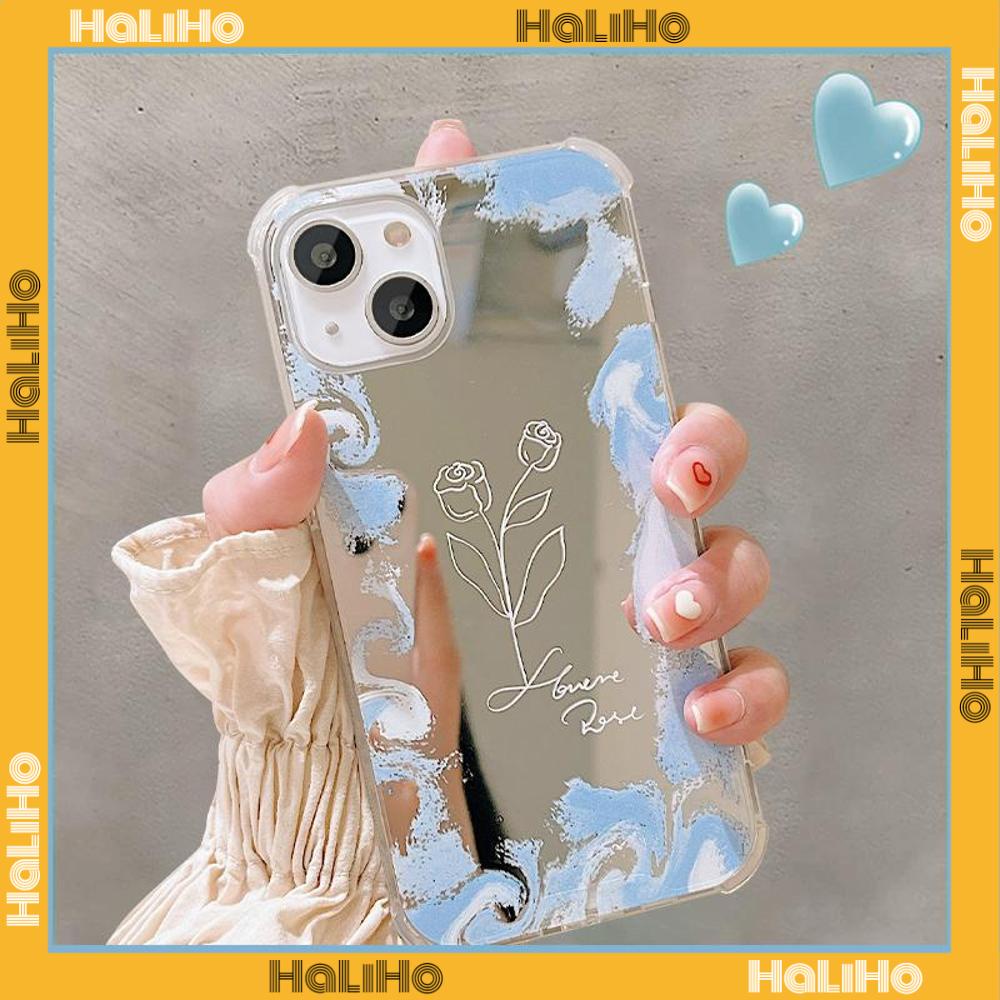 iPhone Case Acrylic HD Makeup Mirror Airbag Shockproof Protection Camera Blue Rose Flower Compatible For iPhone 11 iPhone 13 Pro Max iPhone 12 Pro Max iPhone 7 Plus iPhone xr