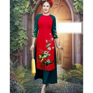 Set áo dài cách tân in hoa kèm mấn đội