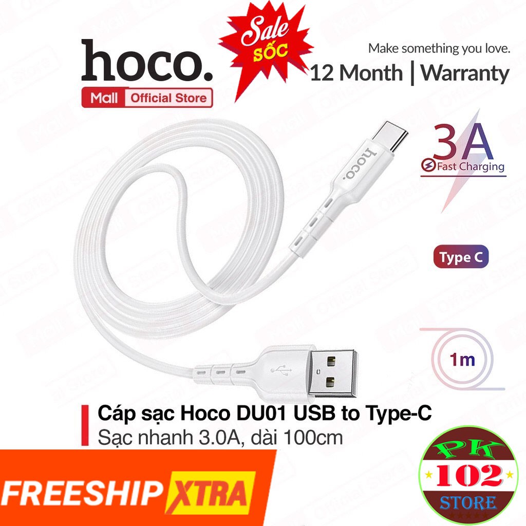 Dây Sạc-Cáp Sạc Nhanh Và Truyền Dữ Liệu Hoco DU01 Type-C Bọc Nhựa PVC Chống Rối -Bảo Hành 12 Tháng(PK 102 STORE)