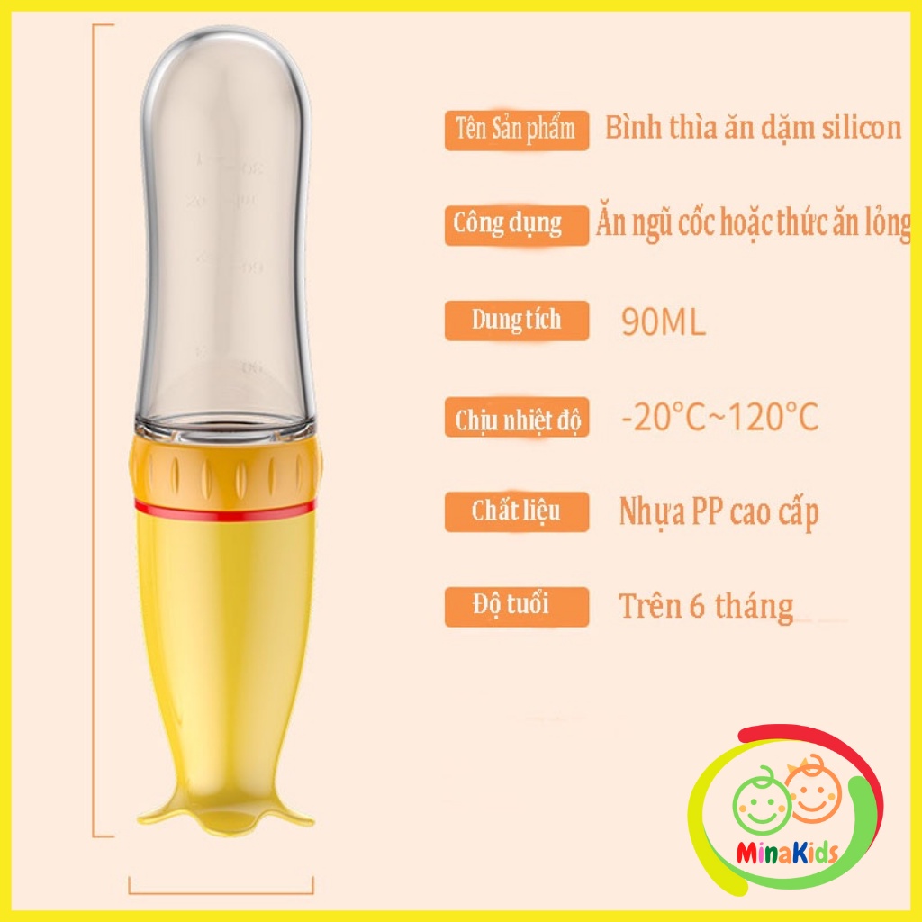 Bình Thìa Ăn Dặm Silicon Siêu Mềm Đút Cháo Cho Bé Dung Tích 90ml Có Nắp Chống Tràn Tiện Lợi An Toàn BAD02 Minakids