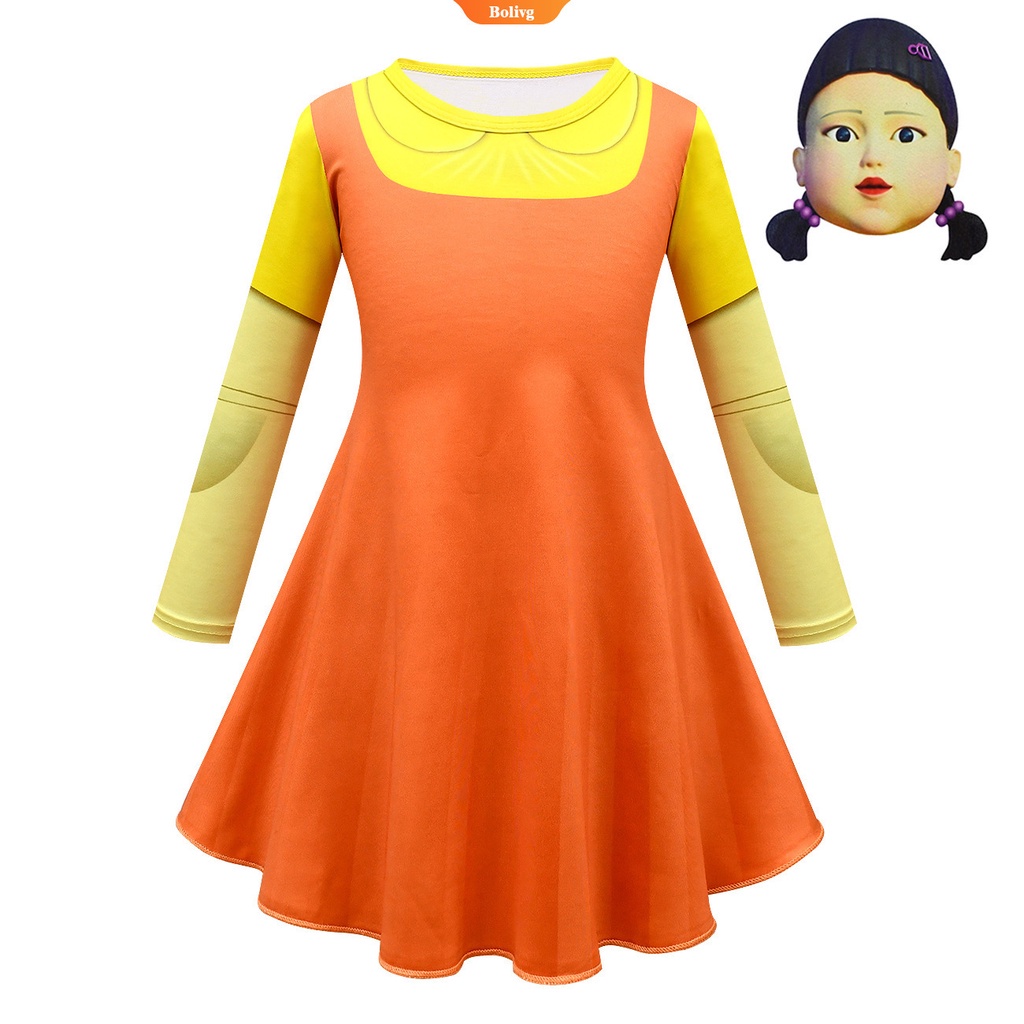 Áo thun tay dài/Đầm màu trơn hóa trang nhân vật trong phim Hàn Quốc Squid Game dành cho bé gái mặc dự tiệc Halloween