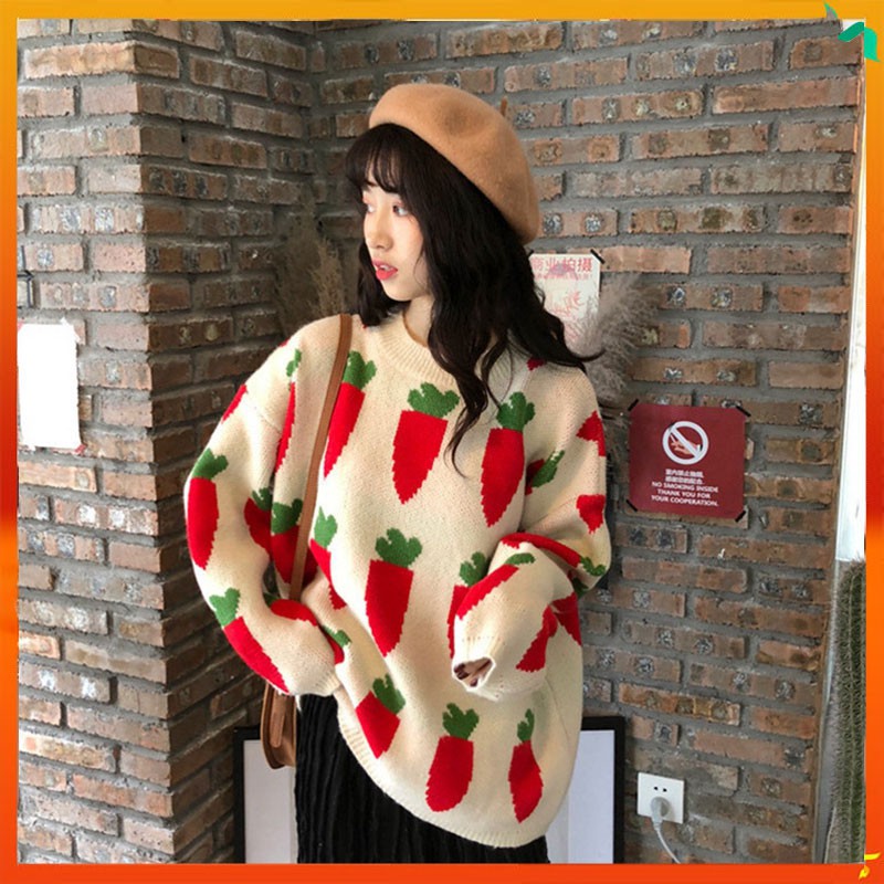 Áo len dài tay họa tiết củ cà rốt thời trang Hàn Quốc cho nữ