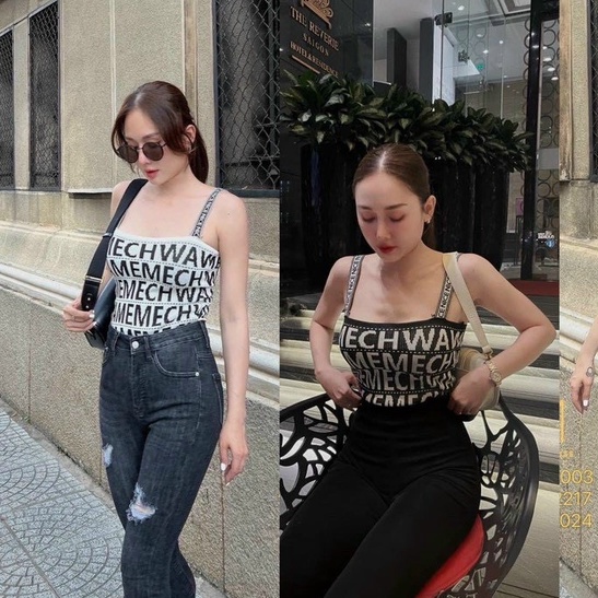 Áo quảng châu kiểu 2 dây vuông croptop in chữ toàn thân áo cực xinh , chất thun len mềm mịn ly