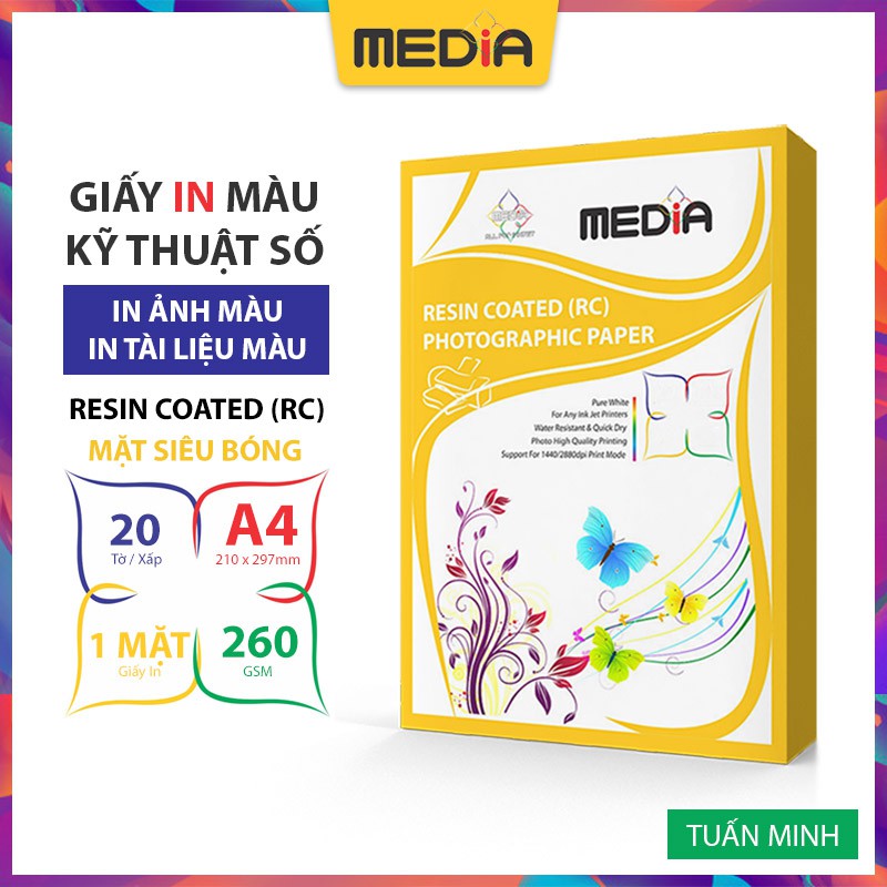 Giấy In Ảnh Cao Cấp Media RC 1 Mặt Siêu Bóng A4 260gsm 20 Tờ