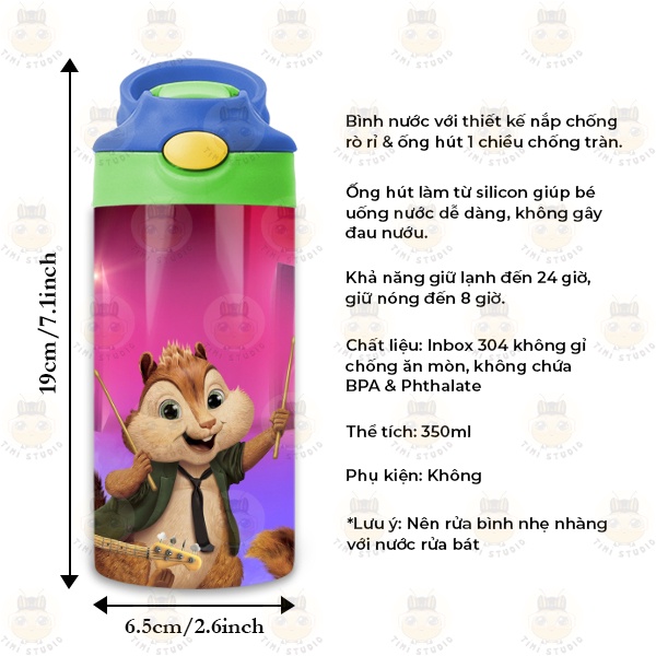 Bình Uống Nước Giữ Nhiệt Cho Bé Có Ống Hút Hình Chipmunk - Tỉ Mỉ Studio - Mã 2608KT01