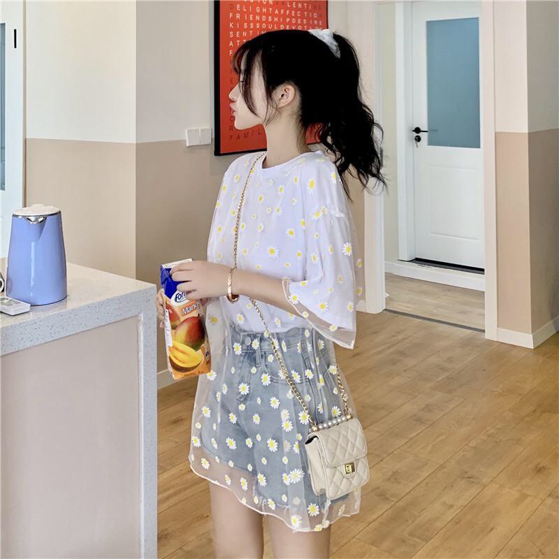 ÁO LƯỚI HOA CÚC ULLZANG TAY LỠ - SET ÁO REN DAISY + ÁO QUÂY 2S - ÁO CHOÀNG LƯỚI HOA CÚC