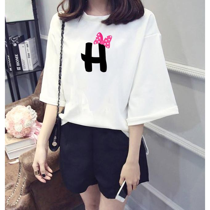 Áo thun nữ tay lỡ form rộng chữ H đeo nơ vải dày mịn TEEWOC8