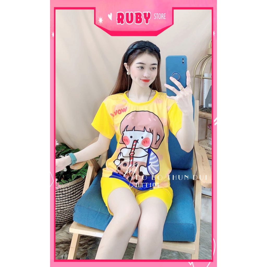Đồ bộ nữ mặc nhà chất thun mềm mịn mát in hình bé Trà sữa hoạt hình dễ thương Bộ thun đùi BTT104