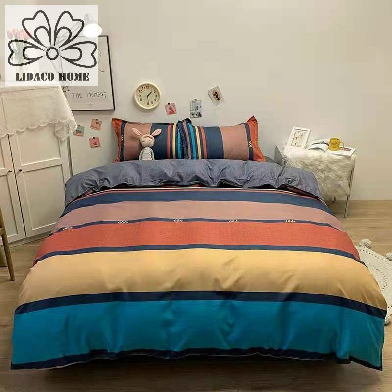 Bộ vỏ chăn ga gối cotton poly Lidaco decor phòng ngủ vintage - Kẻ 7 Màu xanh cam