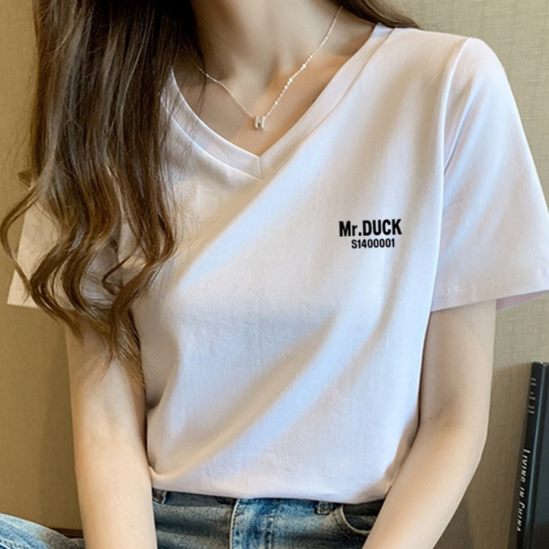 Cotton Summer V-neck Short-sleeved T-shirt Women's New Loose White Printing Bottoming Top