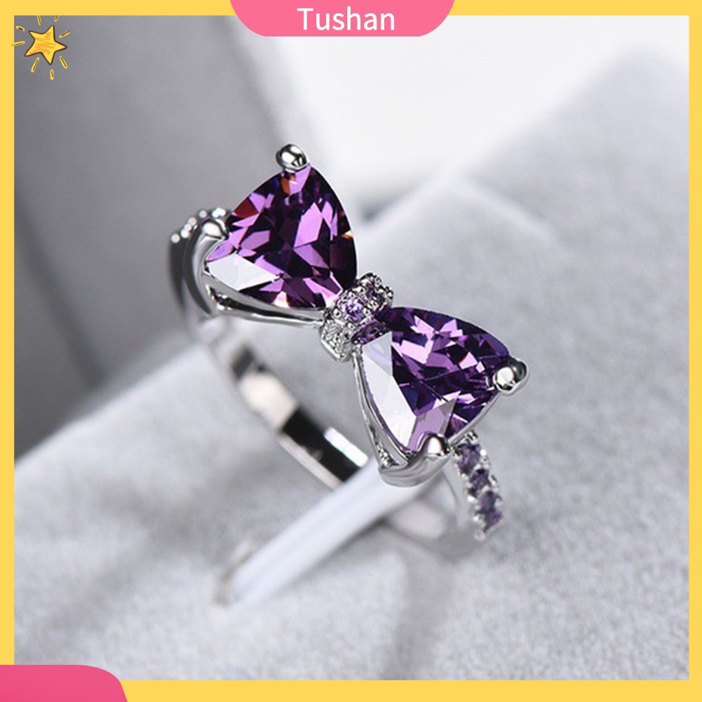 Nhẫn đính hôn hình nơ khảm thạch anh tím thời trang