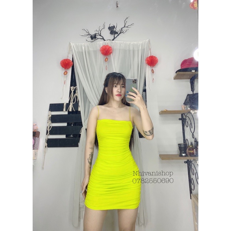 đầm hai dây body lụa nhún đi tiệc đi chơi sang chảnh sexy