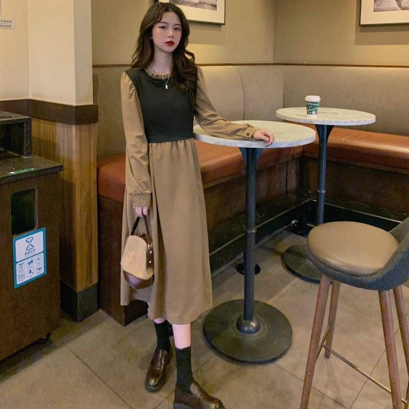 Đầm Nữ Dài Tay Giả Hai Lớp Phong Cách Retro Mùa Thu Mới