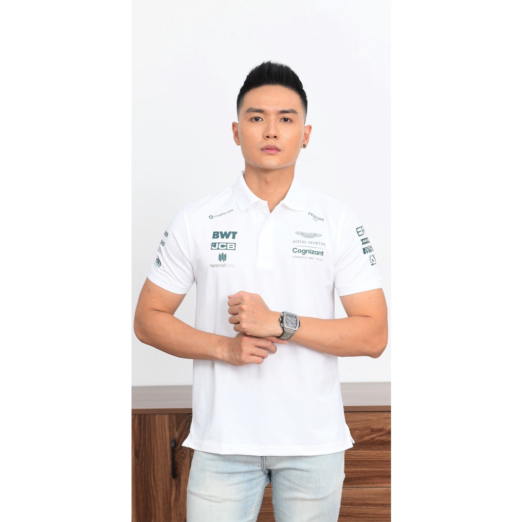 Áo thun nam có cổ F1 Aston Martin, Áo polo cotton thể thao cộc tay full size