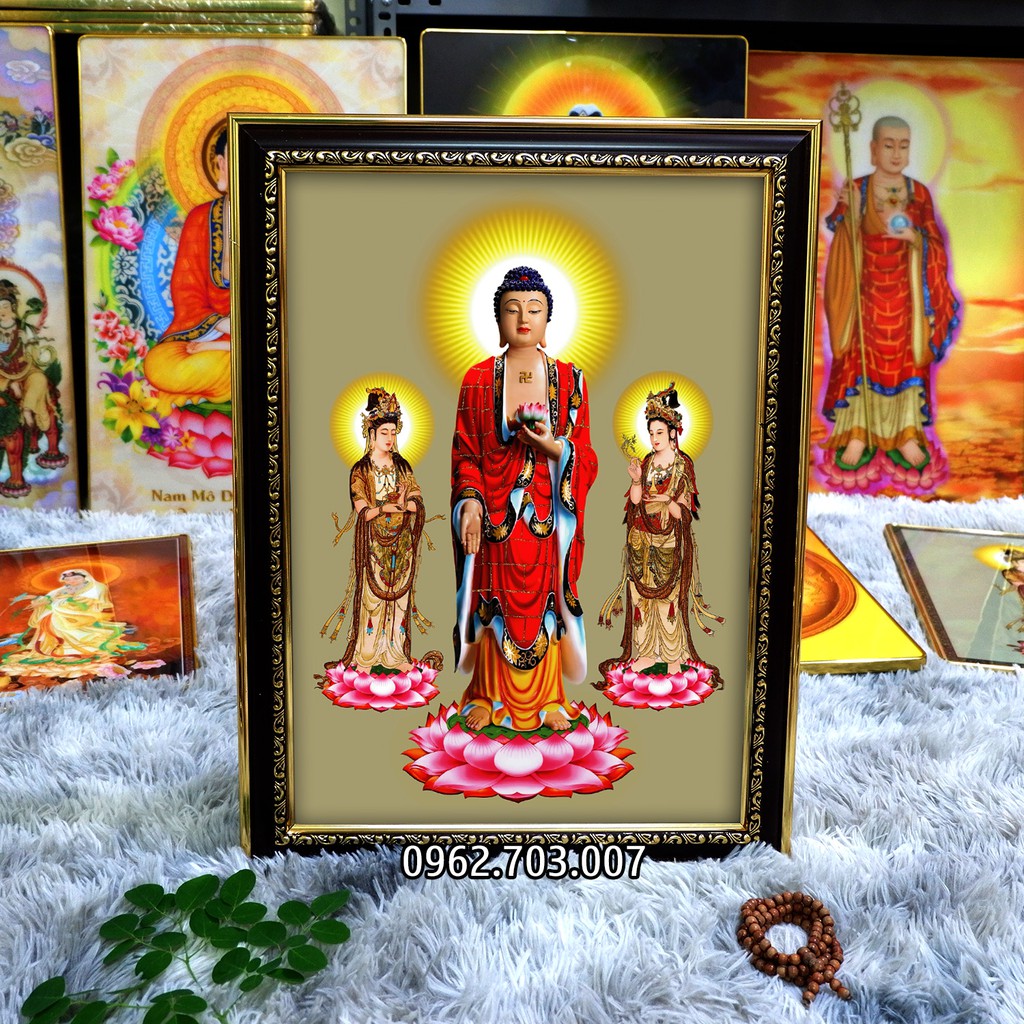 Tranh Tây Phương Tam Thánh 36x48cm bằng vải phủ bóng khung composite xịn xò