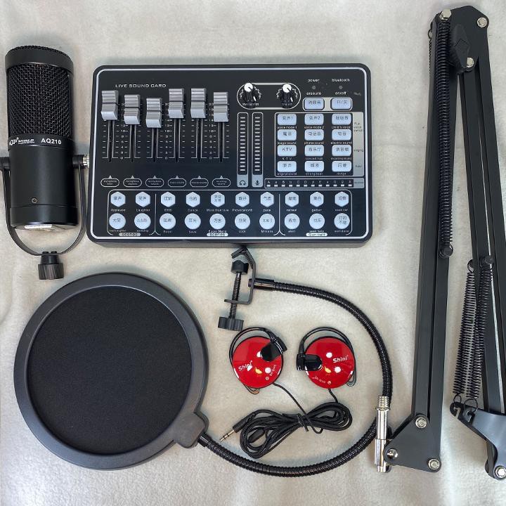 Combo sound card H9 micro thu âm AQTA AQ210 và kẹp mic,màng lọc, tai nghe shini