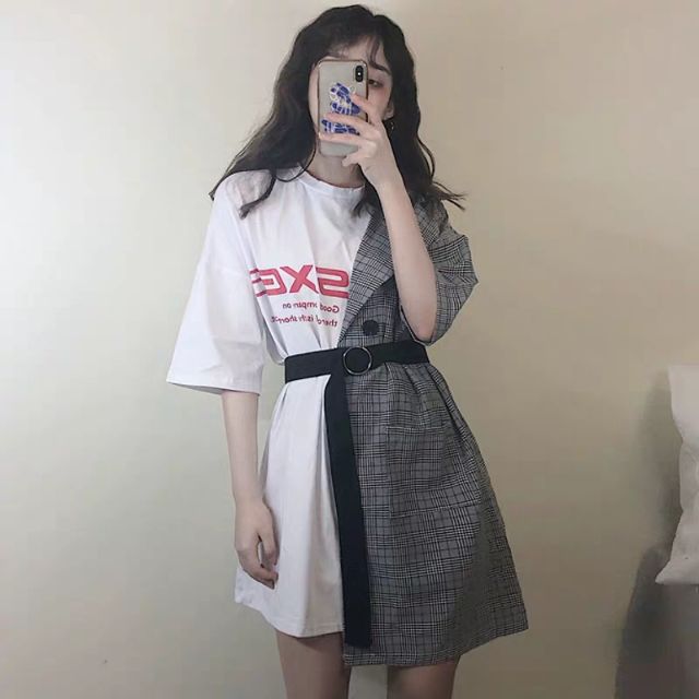 Đầm thun phối vest kẻ oversize cách điệu Ulzzang siêu độc siêu xinh 😍