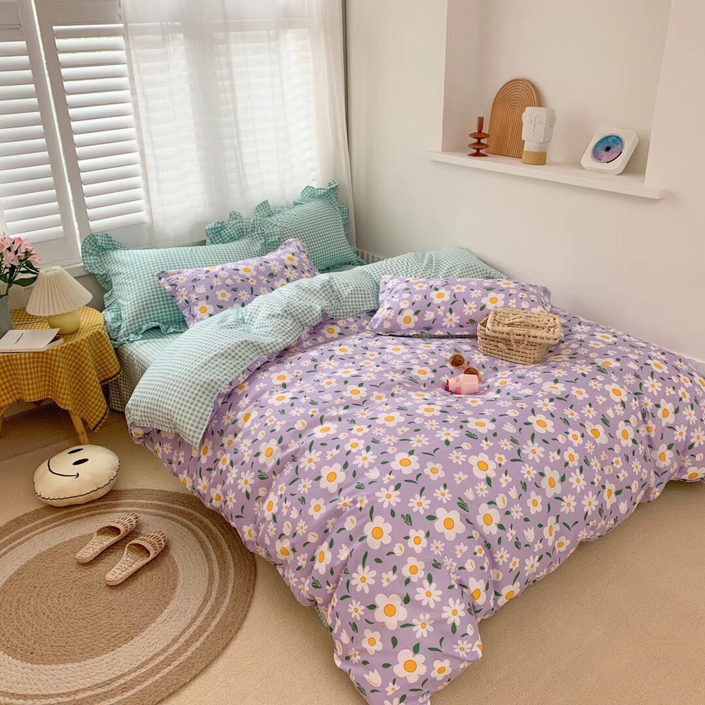 Bộ chăn ga gối Cotton poly M2T Bedding Hoa tím phối caro, vỏ chăn mền, drap nệm và 2 vỏ gối