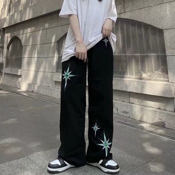 Quần Jean Ống Rộng Plus Size Thêu Hình Ngôi Sao Phong Cách Retro Mỹ Cho Nam Nữ