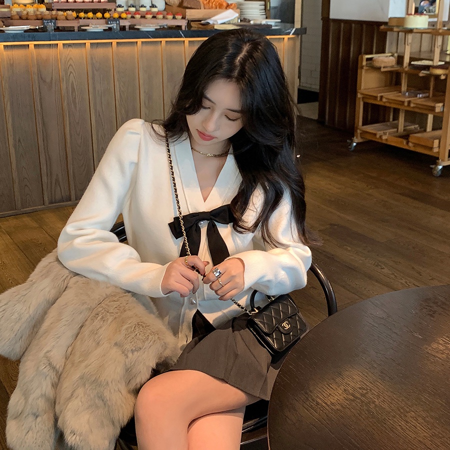 Áo khoác cardigan dệt kim tay dài cổ chữ V phối nơ thời trang Hàn Quốc