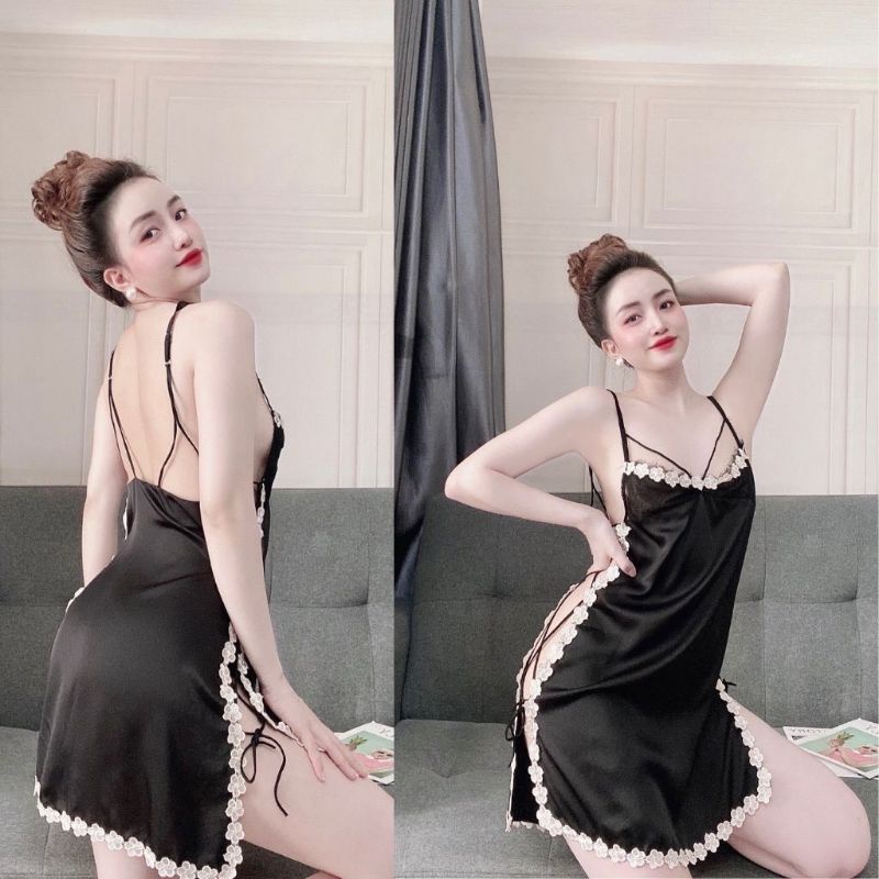 Đầm ngủ lụa satin viền ren hông sexy