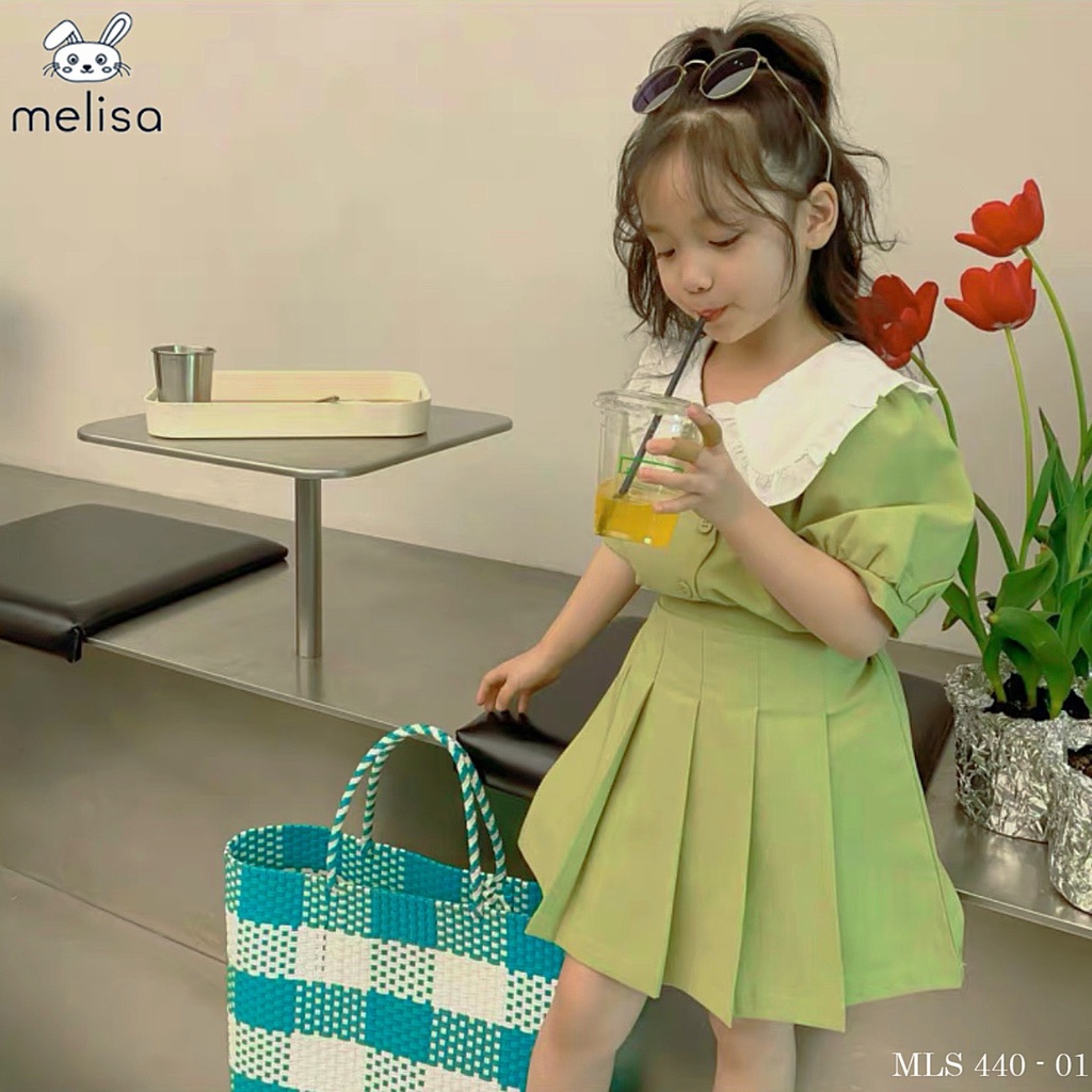 Váy cho bé gái, Sét váy dạ TEX mềm cổ bèo kèm chân váy xếp ly cho bé size 12-33kg