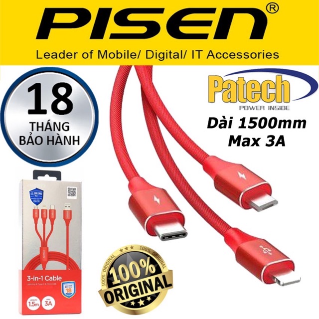 Cáp Pisen 3in1 Lightning Type -C