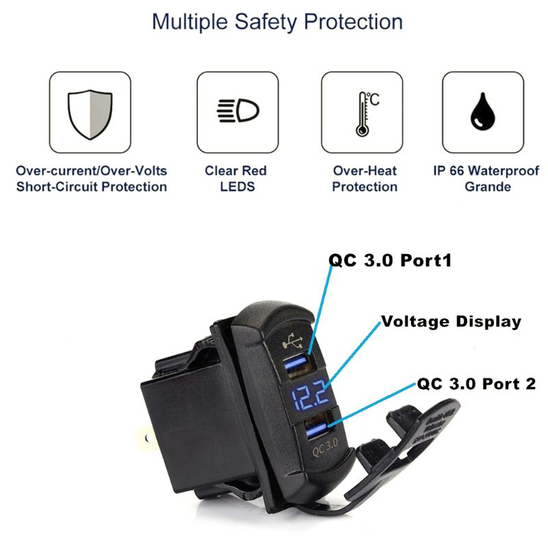 Củ sạc nhanh QC 3.0 hai cổng USB có đèn LED hiển thị vôn kế cho xe hơi/xe máy/tàu thuyền/điện thoại thông minh