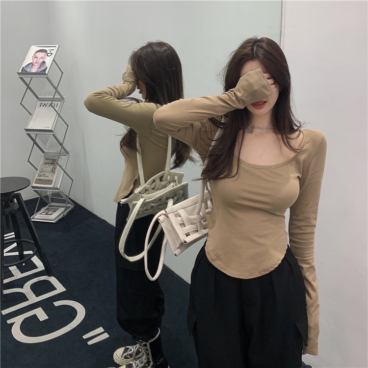 Áo Thun Tay Dài Cổ Chữ U Màu Sắc Đơn Giản Cho Nữ