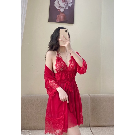 Sẵn sỉ _ Set choàng ngủ nữ 2 dây, đầm ngủ phối choàng ren kèm quần chip siêu sexy SP431