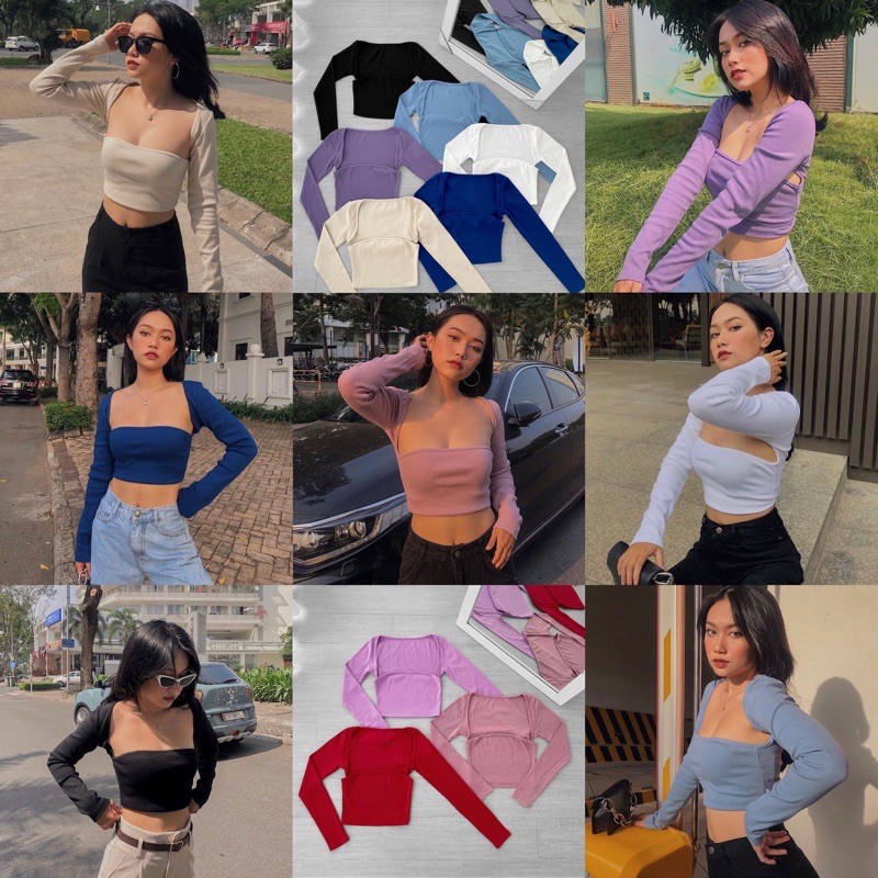 (Feedback, ảnh thật, hoả tốc)🥕ÁO_CROPTOP_KHOÉC_NGỰC_TAY_DÀI🥦