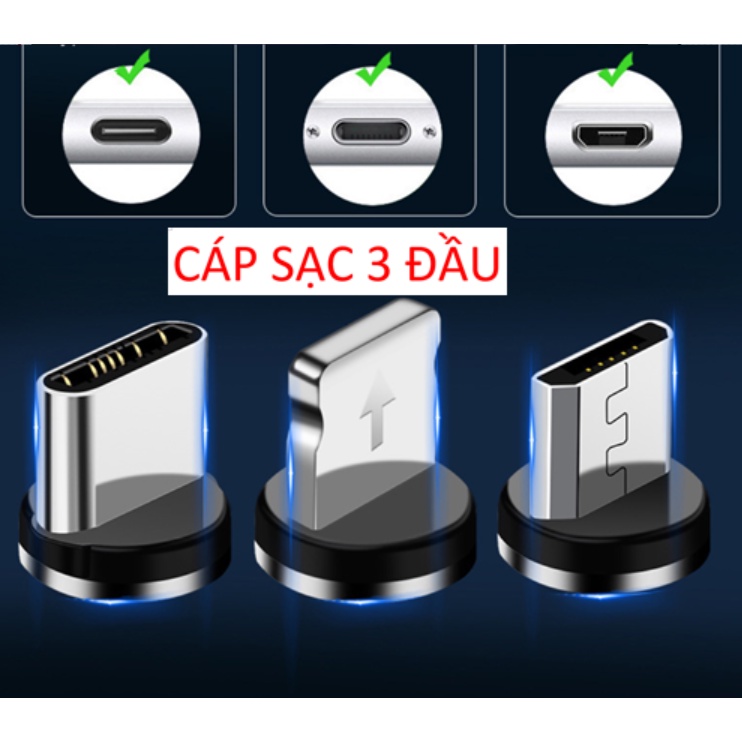 Dây cáp sạc nam châm 3 đầu cho iphone và android siêu nhanh