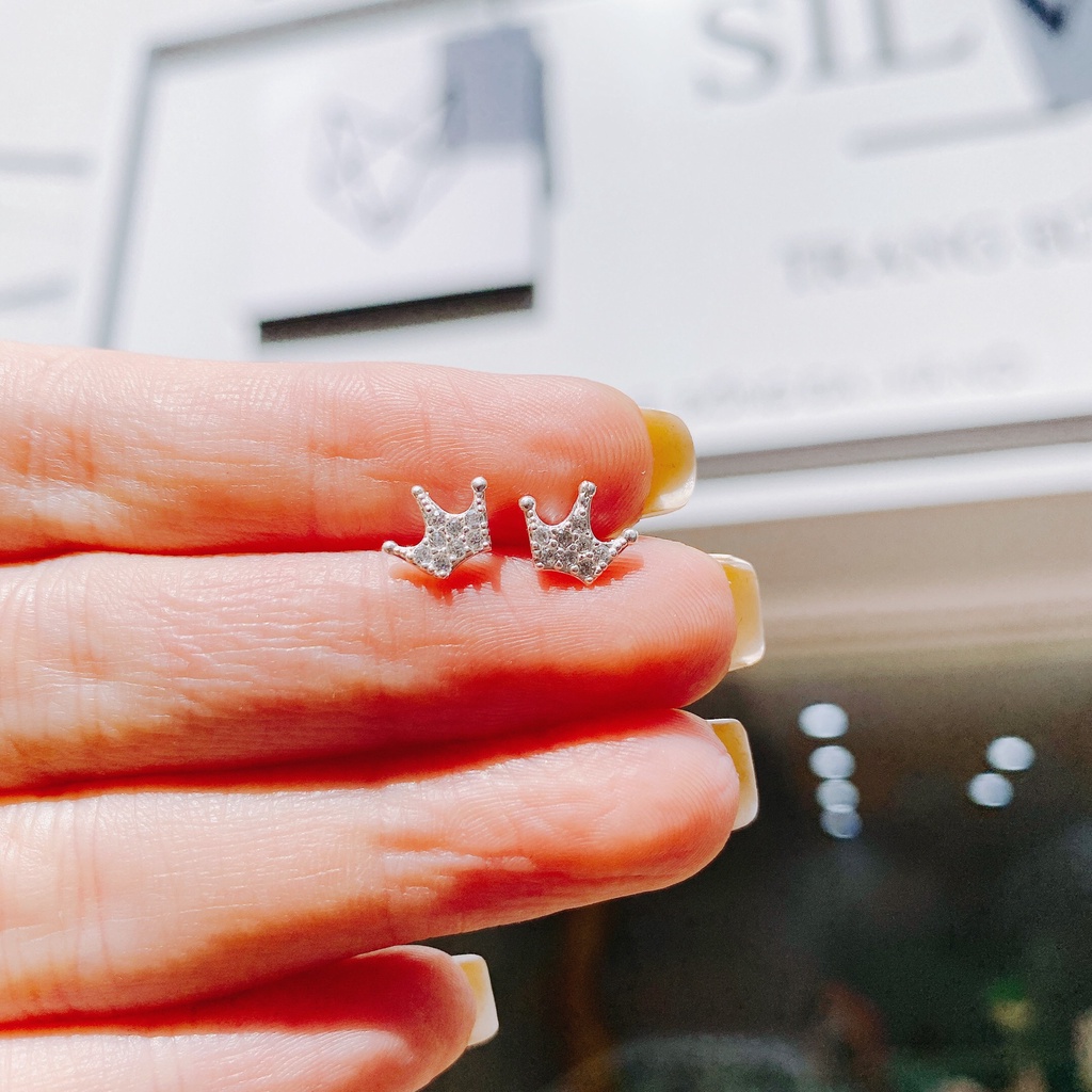 Khuyên Bạc Ta S925 Cao Cấp CaoBac Silver Vương MIện Đính Đá Nhỏ Dễ Thương Thời Trang Phụ Kiện Trang Sức Cho Bạn Nữ