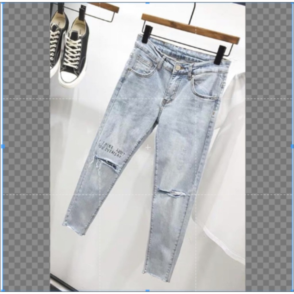 Quần jean nam xanh chất bò rách gối co giãn chữ nổi thời trang cao cấp AHFASHION ms9600 | BigBuy360 - bigbuy360.vn