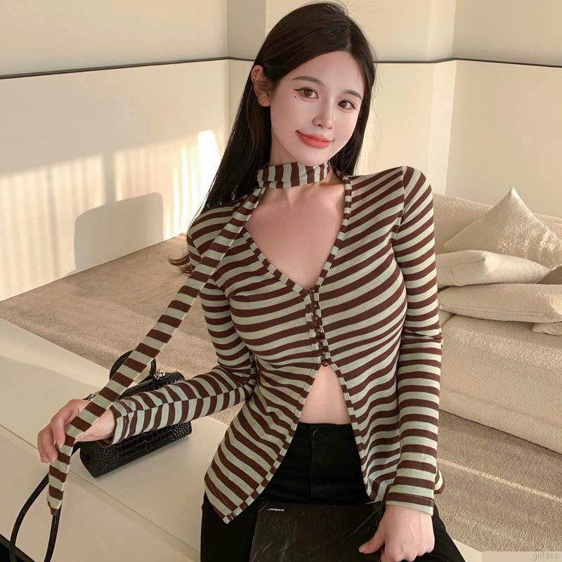Áo thun tay dài cổ V họa tiết sọc ngang thời trang quyến rũ dành cho nữ